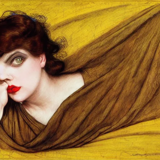 Image similar to hybrid of judy garland and lady gaga, brown fringe, large big downslanted eyes, large full lips, reclining on flowing bed cool stylish, yellow ochre ornate medieval dress, john william waterhouse, kilian eng, rosetti, john everett millais, william holman hunt, william morris, 4 k