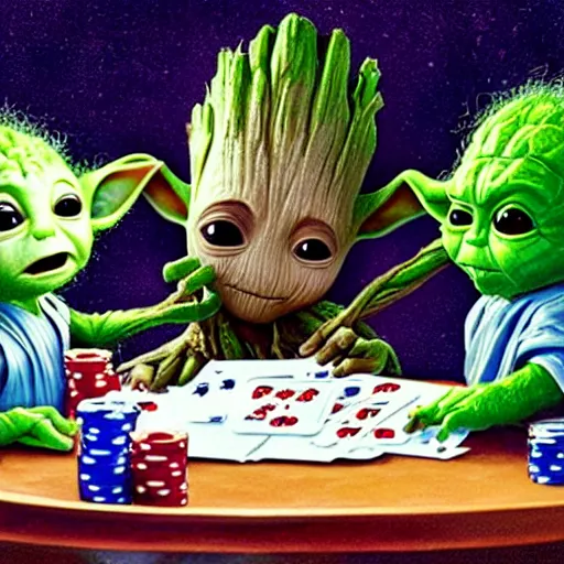 Prompt: baby groot and baby yoda playing poker, painting, 4k, high resolution