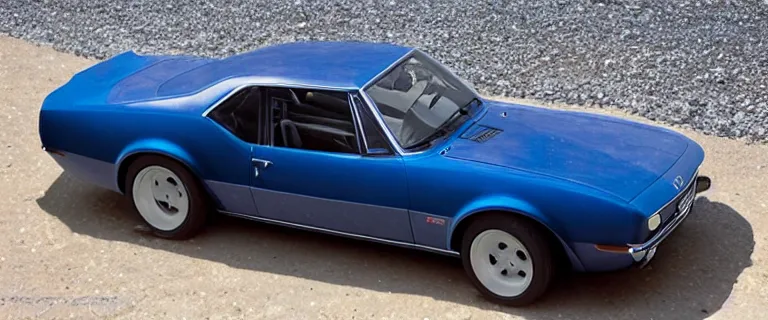 Image similar to denim blue audi camaro b 1 ( 1 9 6 7 ), restomod, establishing shot