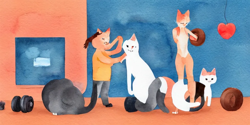 Image similar to watercolor illustration style, cute cat coach training other cats in the fitness studio