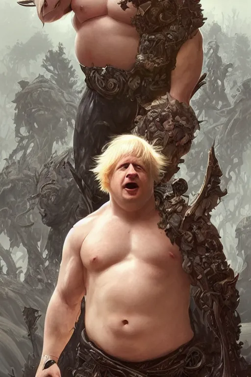 Image similar to portrait of boris johnson as a very pale hulking herculean demon, big pot belly, forest, godlike, full body, fantasy, intricate, elegant, highly detailed, digital painting, artstation, concept art, sharp focus, illustration, art by artgerm and greg rutkowski and alphonse mucha