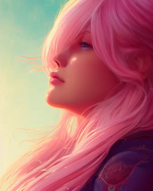 Prompt: beautiful norwegian girl pink blob hair, cute, intricate, highly detailed, digital painting, trending on artstation, concept art, smooth, sharp focus, backlit, rim light, vivid colors, illustration, unreal engine 5, 8 k, art by rossdraws and alphonse mucha