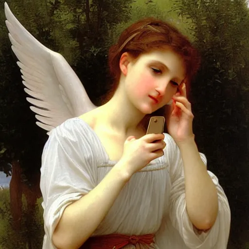 Image similar to an oil painting of an angel talking with an iPhone close to her ear, by Bouguereau, highly realistic and intricate