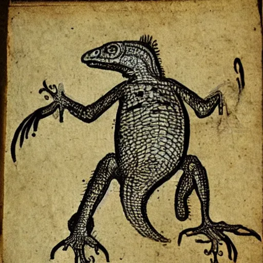 Image similar to medieval sketch of an exhausted anthropomorphic lizard