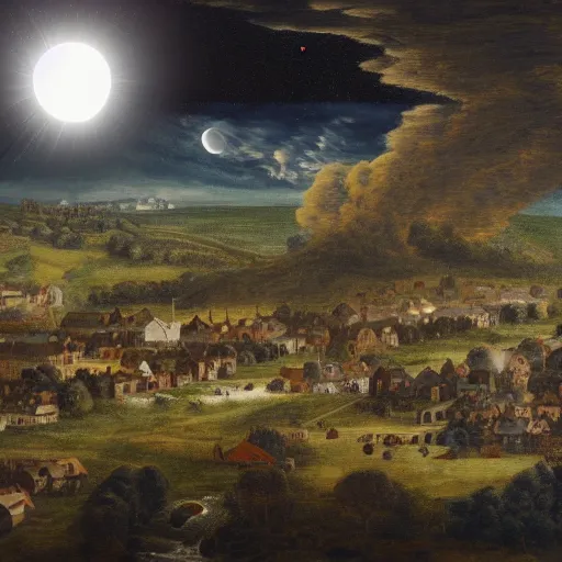 Prompt: dark solar eclipse, above a village, highly detailed, studio 4 k quality, by constable john