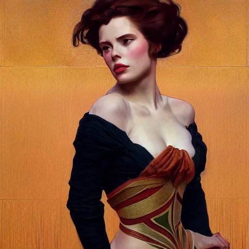 Prompt: modern woman | hyper realistic | action pose | digital painting | trending on artstation | pinup portrait | clean | illustration | dressed | Unreal Engine 5 | 8k resolution | by Greg Rutkowski Alphonse Mucha Gustav Klimt and Mel Ramos