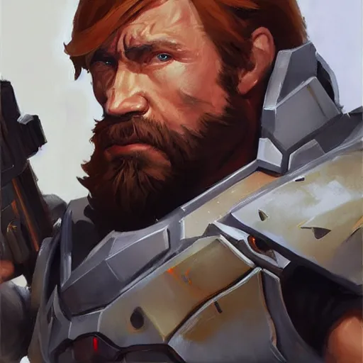 Image similar to greg manchess portrait painting of armored chuck norris as overwatch character, medium shot, asymmetrical, profile picture, organic painting, sunny day, matte painting, bold shapes, hard edges, street art, trending on artstation, by huang guangjian and gil elvgren and sachin teng