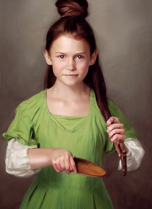 Prompt: a portrait of tiffany aching, an eleven year old girl with brown hair in a ponytail. she is wearing a simple light green dress with an addition and a black pointed witch hat. she is holding a frying pan beautiful painting with highly detailed face by greg rutkowski and magali villanueve