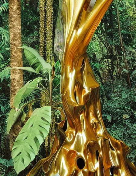 Prompt: vintage color photo of a giant 1 1 0 million years old abstract liquid gold sculpture shinning and covered by the jungle vines