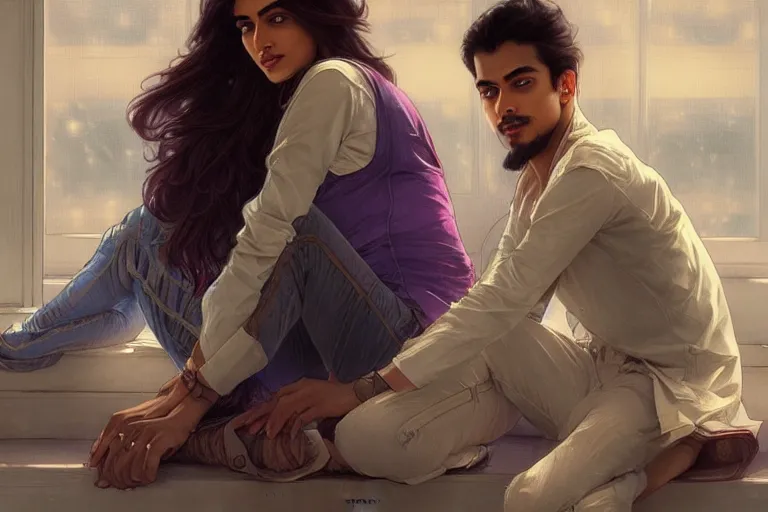 Prompt: Sensual good looking pale young Indian doctors wearing jeans in an airport, portrait, elegant, intricate, digital painting, artstation, concept art, smooth, sharp focus, illustration, art by artgerm and greg rutkowski and alphonse mucha