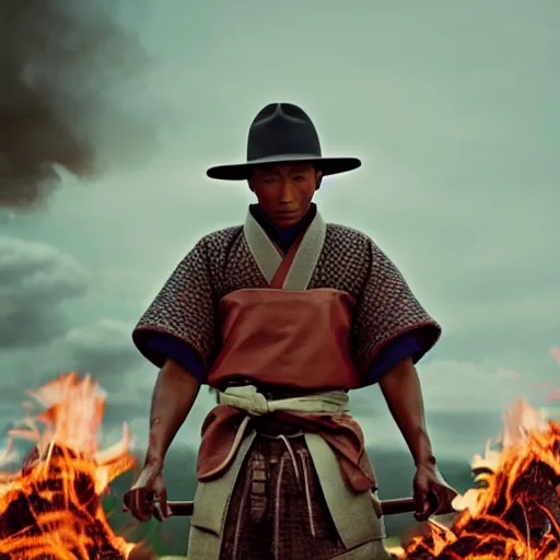 Image similar to cinematic film still Pharrell Williams starring as a Samurai holding fire, Japanese CGI, VFX, 2003, 40mm lens, shallow depth of field,film photography