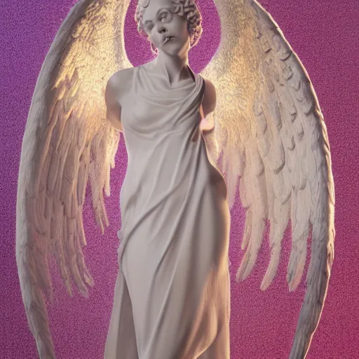 Image similar to high quality smooth render of statue of angel, made of white marble with gold veins, on the dark magenta background, hyper realistic, hyper detailed, by johannen voss, by peter kemp, by monia merlo, by michelangelo, octane render, vivid colors