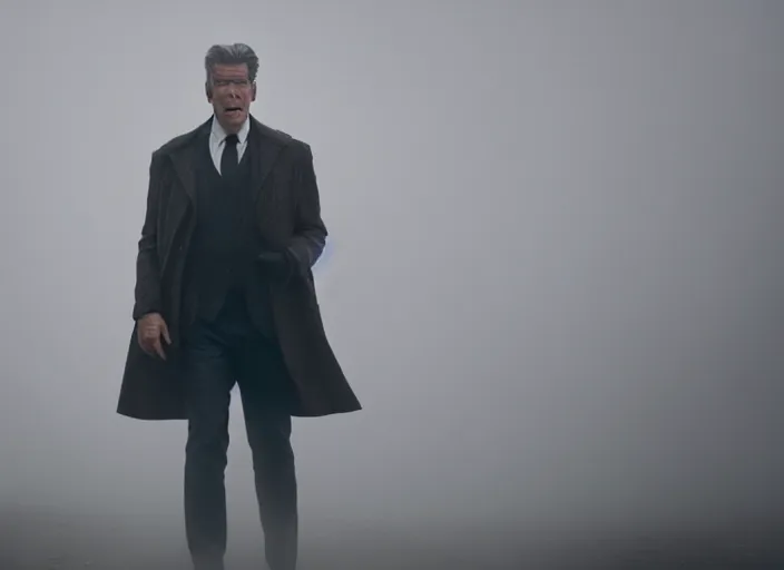 Prompt: film footage of pierce brosnan as giant monster in a foggy city, eerie, 8 k, 8 5 mm f 1. 8, studio lighting