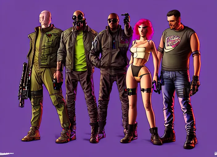 Image similar to cyberpunk infiltration team. portrait by stonehouse and mœbius and will eisner and gil elvgren and pixar. character design. realistic proportions. cyberpunk 2 0 7 7 character art, blade runner 2 0 4 9 concept art. cel shading. attractive face. thick lines. the team. diverse characters. artstationhq.