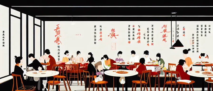 Prompt: a beautiful interior view illustration of a small roasted string hotpot restaurant in yan'an city, wall corner, restaurant wall paper is tower amd mountain, rectangle white porcelain table, people are eating, black chair, animation illustrative style, from china, simple style structure decoration design, victo ngai, james jean, 4 k hd