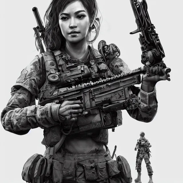 Prompt: the hyperrealistic portrait of lawful neutral female futuristic marine sniper as absurdly beautiful, gorgeous, elegant, young gravure idol, an ultrafine hyperdetailed illustration by kim jung gi, irakli nadar, intricate linework, bright colors, octopath traveler, final fantasy, unreal engine 5 highly rendered, global illumination, radiant light, detailed and intricate environment