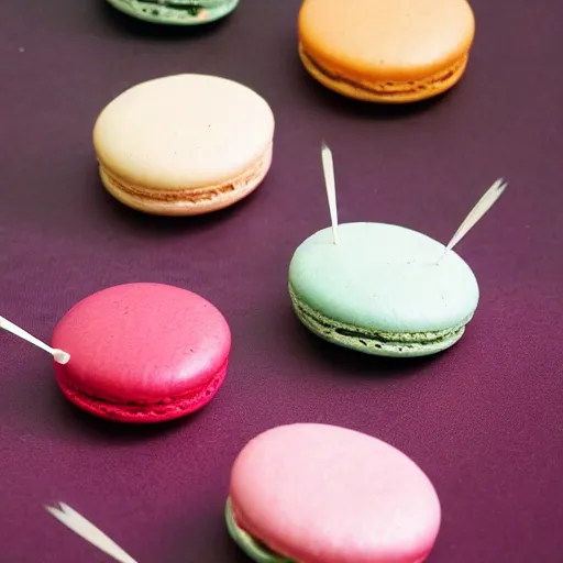 Prompt: macaron needle pillow with many needles on a plate