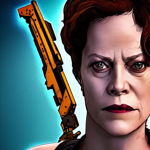 Image similar to sigourney weaver portrait, borderlands, tales from the borderlands, the wolf among us, comic, cinematic lighting, studio quality, 8 k