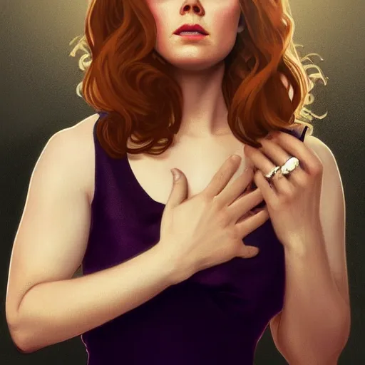 Prompt: Amy Adams showing a ring on correct female hand, realistic, digital painting, portrait, elegant, cinematic lighting, mysterious, highly detailed, artstation, concept art, illustration, smooth, sharp focus, editor's pickup, trending on artstation, trending on deviantart, alphonse mucha, WLOP