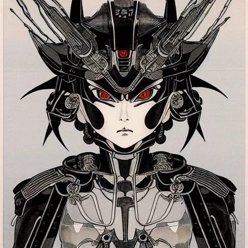 Prompt: prompt : black and white portrait soft light painted by takato yamamoto, tiara mecha attributes and armor, inspired by ghost in shell anime, smooth face feature, intricate oil painting, high detail, sharp high detail, manga and anime 1 9 8 0