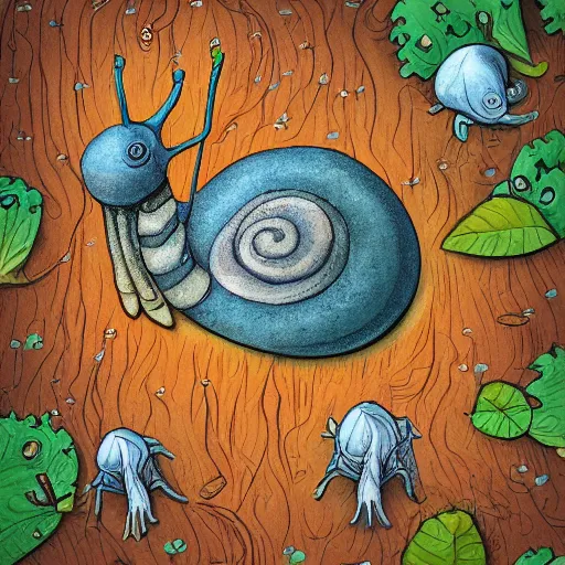 Prompt: friendly smiling giant snail in fantasy feywild swamp, illustration, realistic