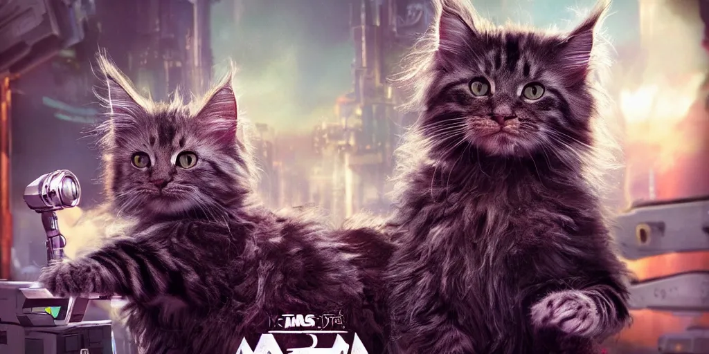 Prompt: a 3 d rendered movie still a cute robot has the head of an adorable cyberpunk maine coon kitten. in the background is a cyberpunk cat tree. digital art. science fiction blockbuster movie from the future, imax 7 0 mm. style of mandalorian ( american space western television series )