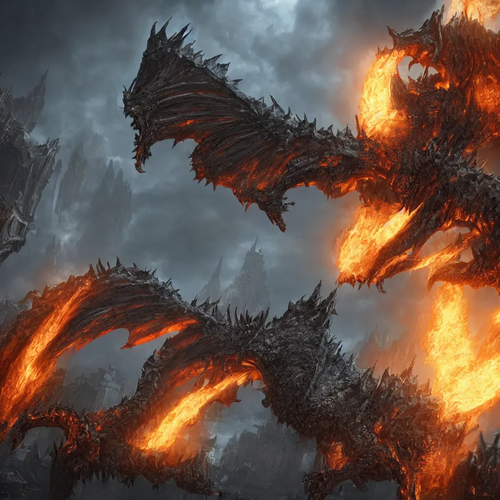 Image similar to 4 k unreal engine render of the deathwing dragon on earth ultra details full body full background digital art