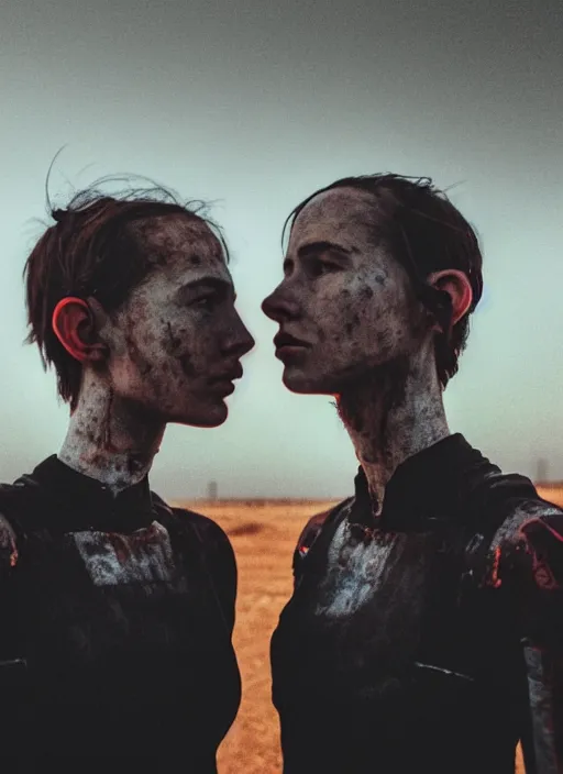 Prompt: cinestill 5 0 d photographic portrait of two loving female androids wearing rugged black techwear on a desolate plain with a red sky, standing in front of a brutalist structure, extreme closeup, cyberpunk style, dust storm, 8 k, hd, high resolution, 3 5 mm, f / 3 2, ultra realistic faces, ex machina