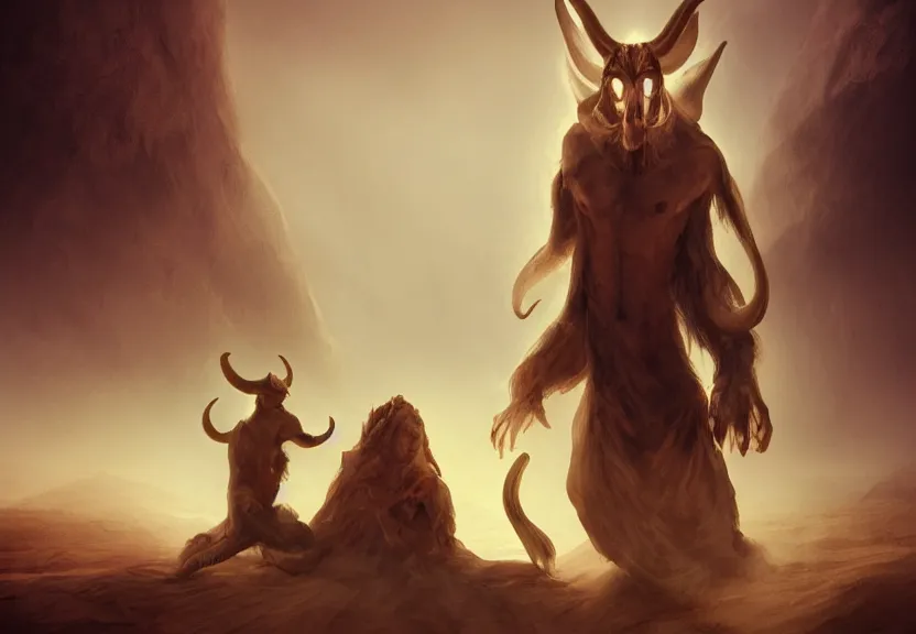 Image similar to terrific jinn demon in middle of desert with hoof on his feet and goat face with long cloth afraid of beautiful powerful angel, epic, good vs evil, atmosphere, harsh lighting, cinematic lighting,, award wining art, artstation, high details, concept art, 4 k