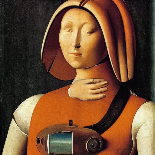 Prompt: a portrait of a female android by giovanni bellini