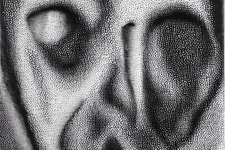 Image similar to face made out of mist, faceless people dark, dots, drip, stipple, pointillism, technical, abstract, minimal, style of francis bacon, asymmetry, pulled apart, cloak, hooded figure, made of dots, abstract, balaclava