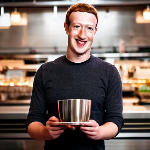 Prompt: Mark Zuckerberg as a restaurant waiter holding a coaster, EOS-1D, f/1.4, ISO 200, 1/160s, 8K, RAW, unedited, symmetrical balance, in-frame, Photoshop, Nvidia, Topaz AI