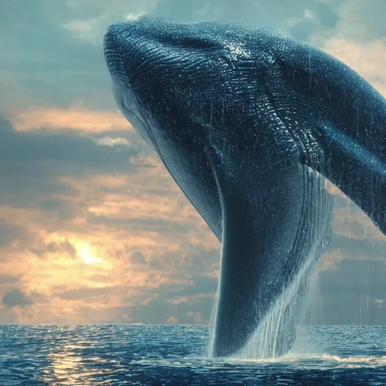 Image similar to vfx shot by weta digital and industrial light and magic ilm, a stunning beautiful blue whale made out of shiny reflective dripping liqud chrome swimming through fluffy giant sunset clouds, octane render, cinema 4 d, ray traced lighting, very short depth of field, bokeh