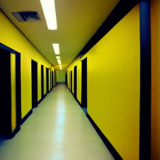 Prompt: the hallways of an empty yellow windowless office with yellow walls and yellow florescent lights, liminal space, disposable camera