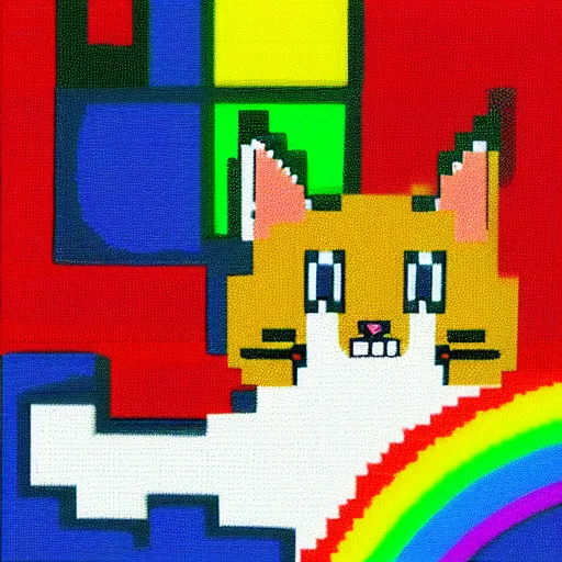 Image similar to cat with a cute face and rectange body, 8 - bit, cartoon, nyan cat, rainbow trail, in space, deviantart