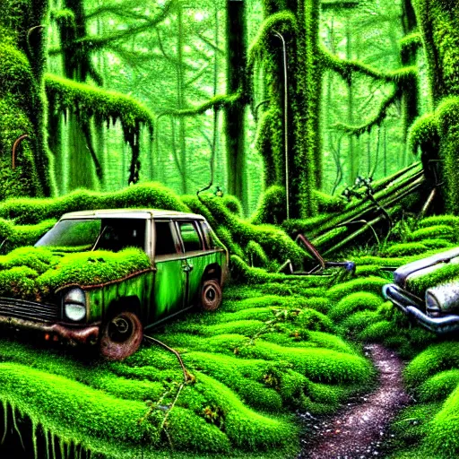 Image similar to a junk yard in the forest, overgrown with moss and ivy, detailed, realistic digital art,