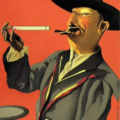 Prompt: hamburger with human face smoking a cigarette, high detail, fantasy illustration by angus mcbride