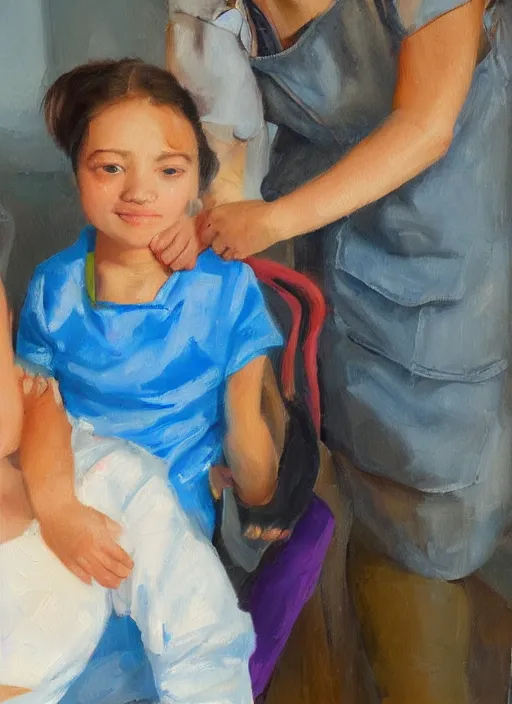 Image similar to oil painting of girl getting vaccinated