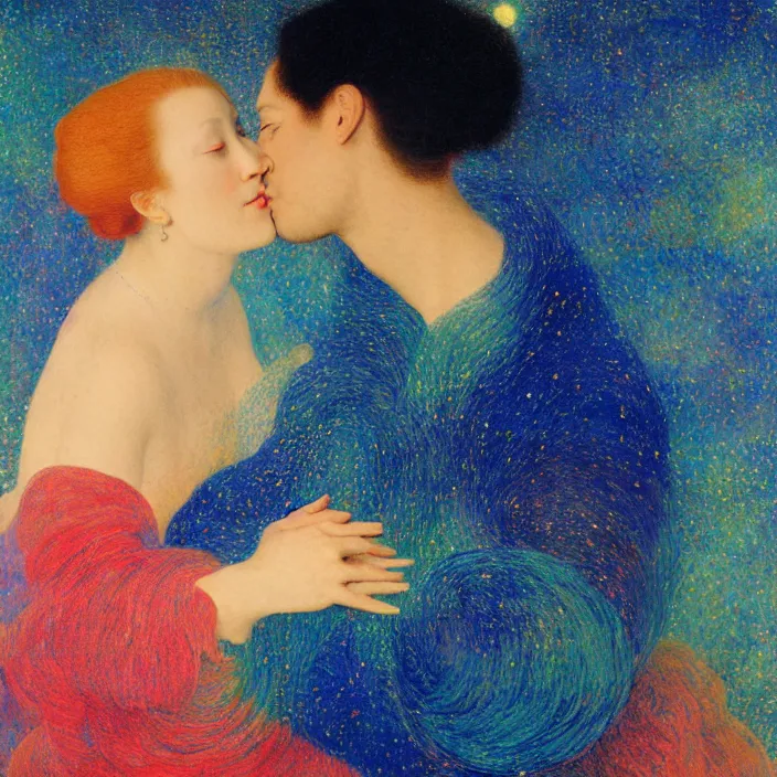 Prompt: close portrait of woman and man kissing. aurora borealis. iridescent, psychedelic lapis - lazuli, turquoise colors. painting by jan van eyck, agnes pelton, utamaro, monet