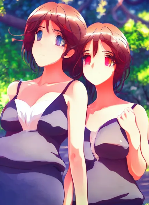 Image similar to two beautiful mothers outside on a hot summer evening, gorgeous faces, thick lines, cinematic lighting, detailed anime art