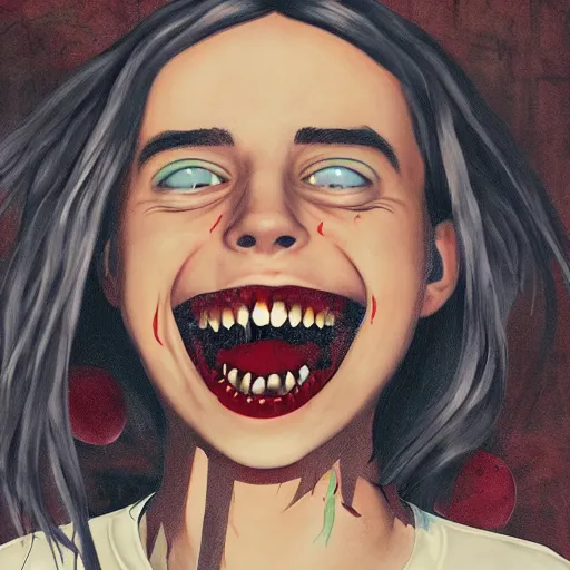 Prompt: grunge painting of billie eilish with a wide smile and a red balloon screenshot from rick and morty, creepy lighting, horror theme, detailed, elegant, intricate, conceptual