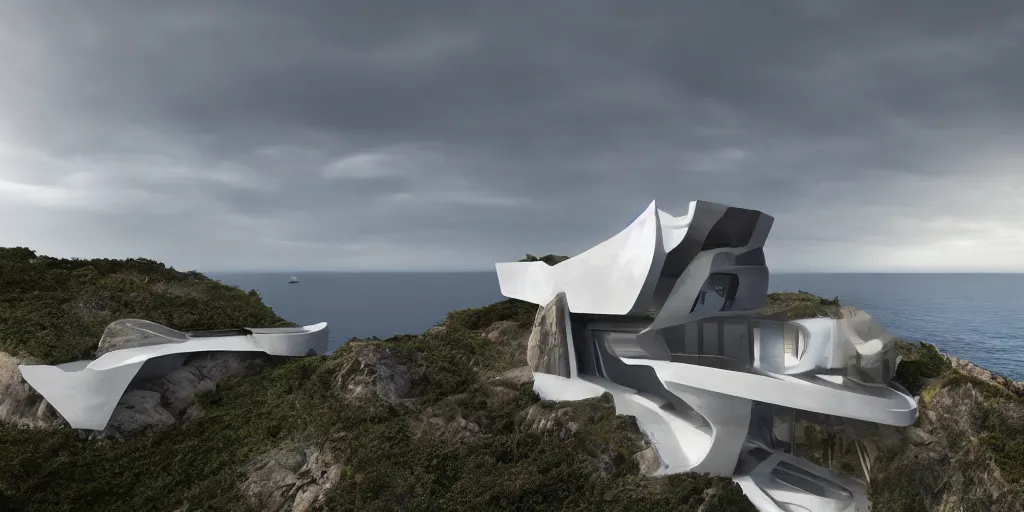 Image similar to modern house on a cliff designed by zaha hadid, cinematic lighting, deep focus, sharp focus, golden ratio, dramatic illumination, hdr, ultra realistic, 8 k, highly detailed, trending on artstation, epic composition, by caravaggio, by artemisia lomi gentileschi