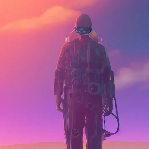 Image similar to realistic man standing in high desert, cyberpunk, digital art, trending on artstation, neon, desert, stars, vaporwave, retrowave, synthpop, 1 9 8 0 s, colorful, glowing, purple