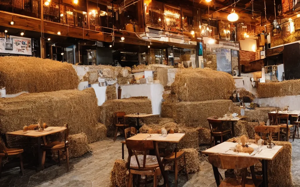 Prompt: a restaurant in the rocks with the floor covered with carpets, in the center there is a bale of hay used as a set table