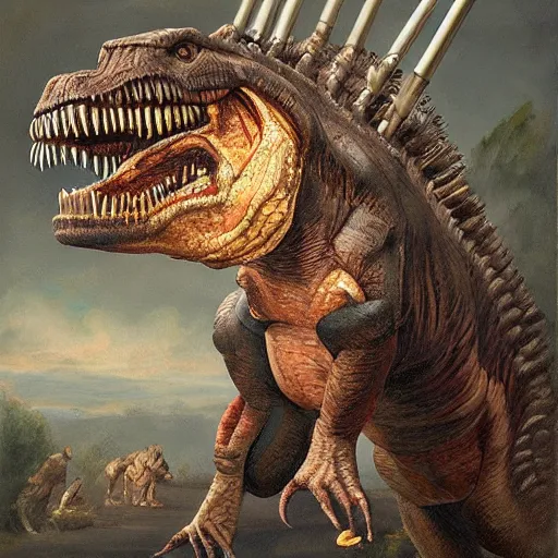 Image similar to a hyper realistic painting of a t - rex holding a musket and wearing a bicorn hat, super detailed, realistic, thick brush strokes, visible paint layers.