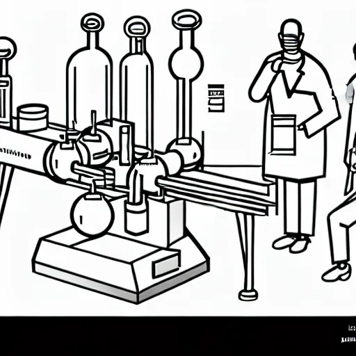 Image similar to pencil illustration of a group of scientists creating a machine that will transform the future. highly detailed, schematics, line work, laboratory