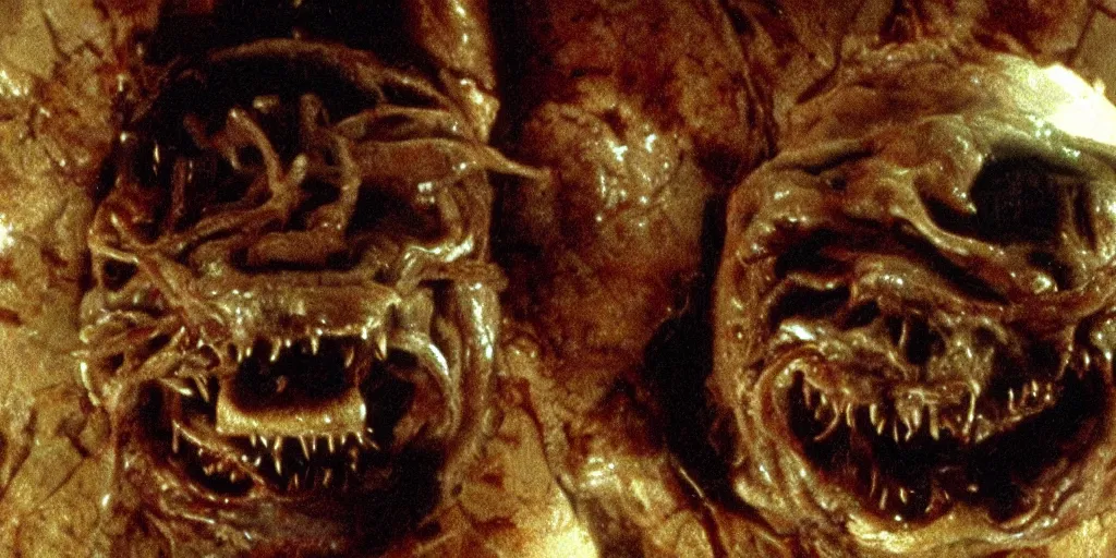 Image similar to filmic extreme wide shot movie still 4k UHD interior 35mm film color photograph of a a detached snarling distorted deformed human head protruding out of a mutated abstract shape shifting organism made of human internal organs, in the style of a horror film The Thing 1982