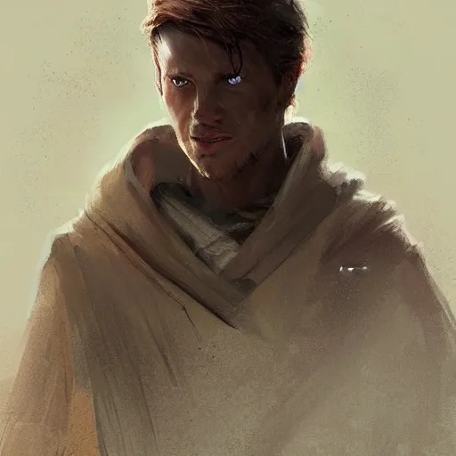 Prompt: portrait of a man by greg rutkowski, jedi knight owen skywalker, messy copper hair, jedi robes, star wars expanded universe, he is about 2 0 years old, wearing jedi robes, highly detailed portrait, digital painting, artstation, concept art, smooth, sharp foccus ilustration, artstation hq