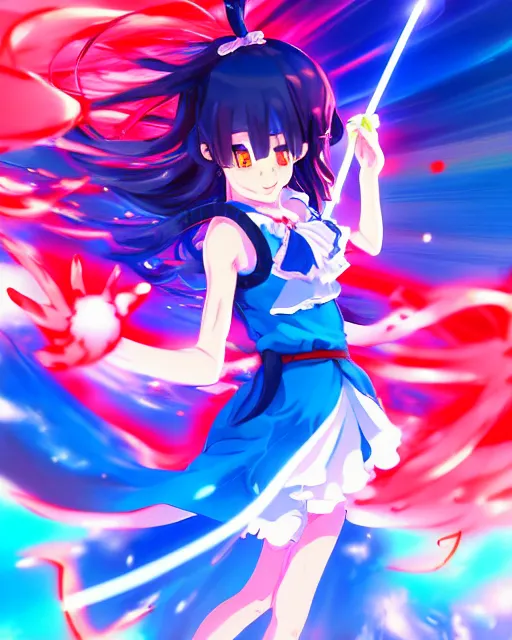 Image similar to anime style, vivid, expressive, full body, 4 k, painting, a cute magical girl idol with a long wavy hair wearing a dress fighting monsters, blue and red, balance, correct proportions, stunning, realistic light and shadow effects, neon lights, studio ghibly makoto shinkai yuji yamaguchi