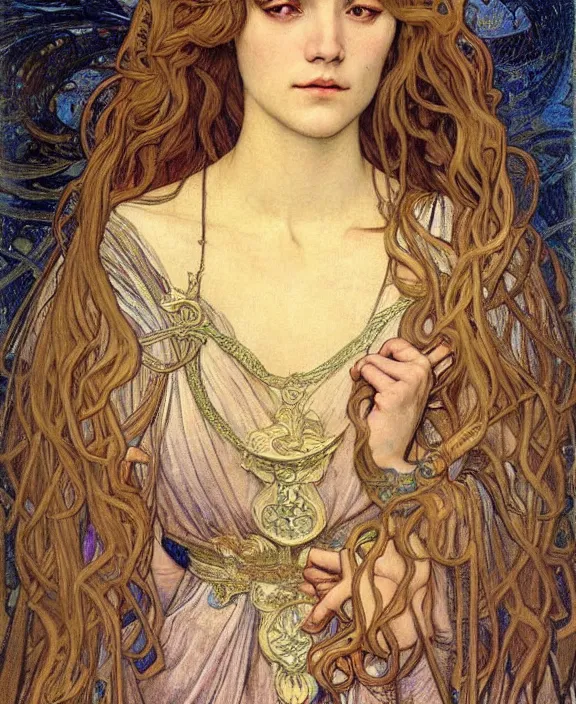Image similar to detailed realistic beautiful young medieval queen face portrait by jean delville, alphonse mucha, vincent van gogh, and marco mazzoni, art nouveau, symbolist, visionary, gothic, pre - raphaelite